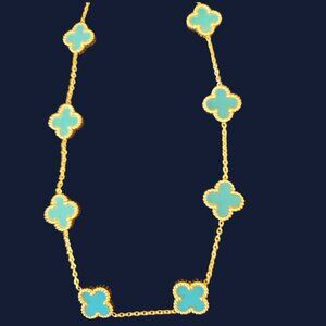 Turquoise blue Hope, Faith, Love and Luck clover fashion necklace 16 inches